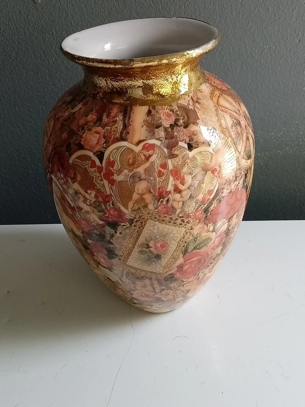 Vintage Victorian Cherub Rose Decoupage Ceramic Vase Gold Rim Cottagecore